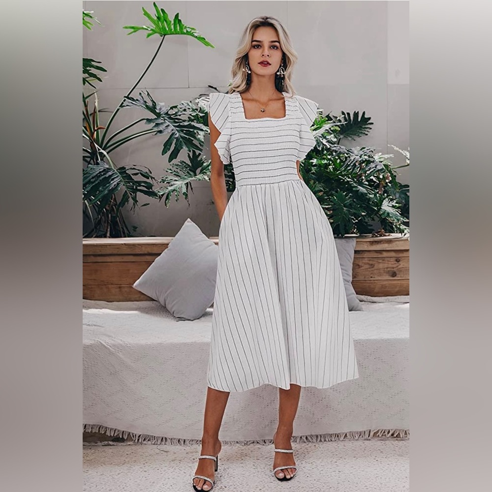 Striped Linen Long Dress Elegant Ruffle Cap Sleeves Midi Dress